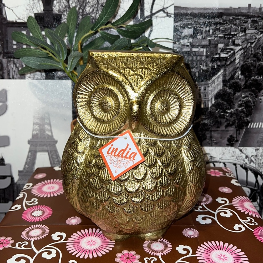 New India Cast Metal Golden Owl Home Decor 8 inches Tall